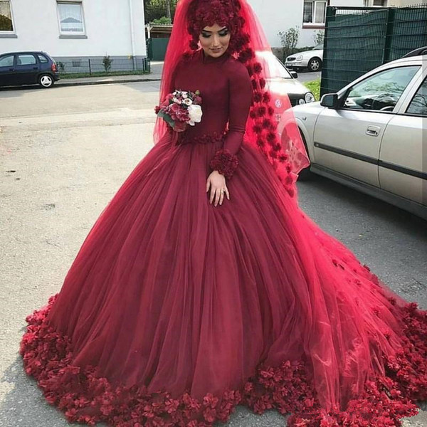 Burgundy Muslim Ball Gown Wedding Dresses 3D Floral High Neck Long Sleeves Bridal Gowns Sweep Train Tulle Vestidos De Novia