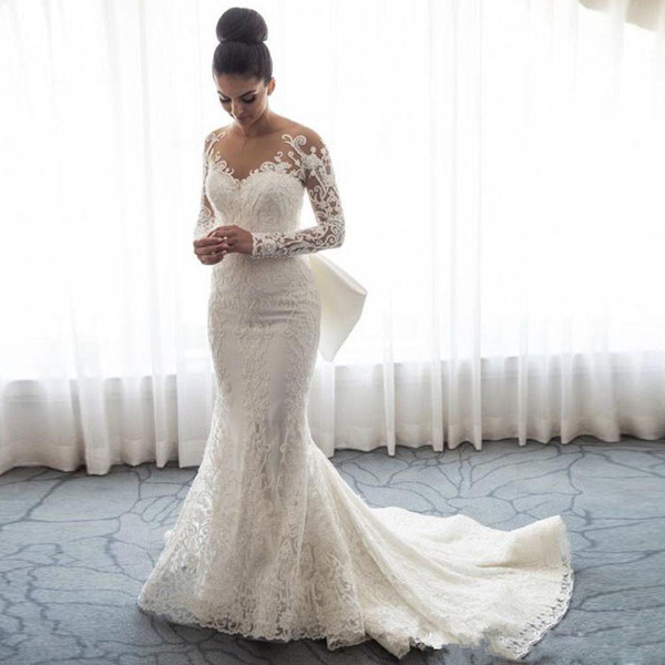 Mermaid Lace Wedding Dresses Detachable Train Vestidos De Novia Long Sleeve Bridal Gowns Custom Made