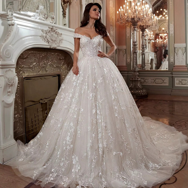 Off The Shoulder Short Sleeve Beading Crystal Sequins Luxury Ball Gown Wedding Dresses Plus Size Vestido De Noiva Princesa