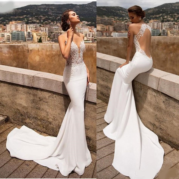 Sexy Beach Wedding Dresses Elegant Mermaid Bridal Dresses Lace Appliqued Vestido De Noiva Lorie Boho Wedding Gowns