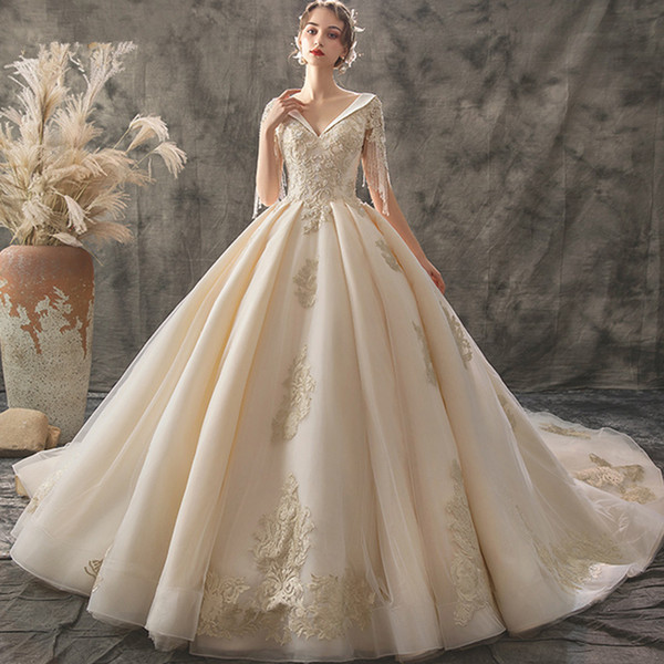 Vestido De Noiva Princesa Custom Made V-neck Lace Up Beading Sequins Gold Appliques Ball Gown Wedding Dress