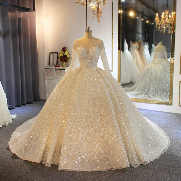 Luxury Sequins Ball Gown Wedding Dresses Sheer Jewel Neck Lace Up Back Long Sleeve Bridal Gowns Vintage Plus Size Robes De Mariée