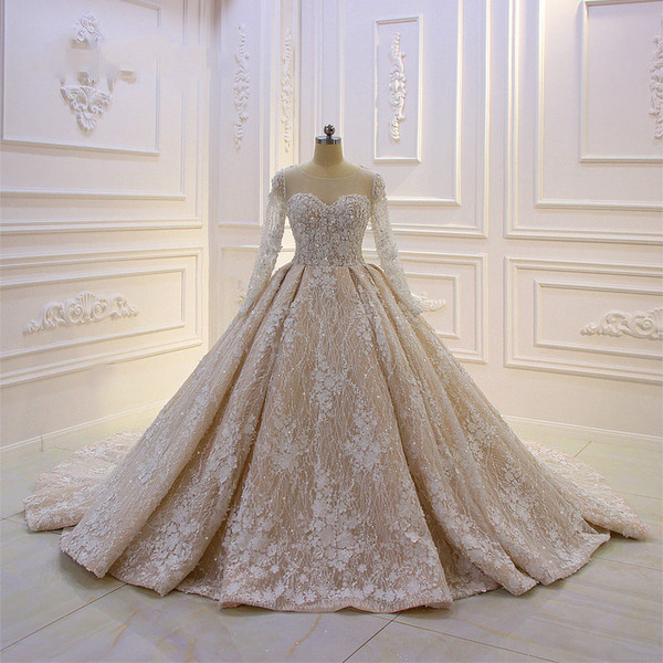 Modest Long Sleeve Ball Gown Wedding Dresses Lace Floral Appliqued Bridal Dresses Beaded Sequins Plus Size Wedding Gowns Robe De Mariee