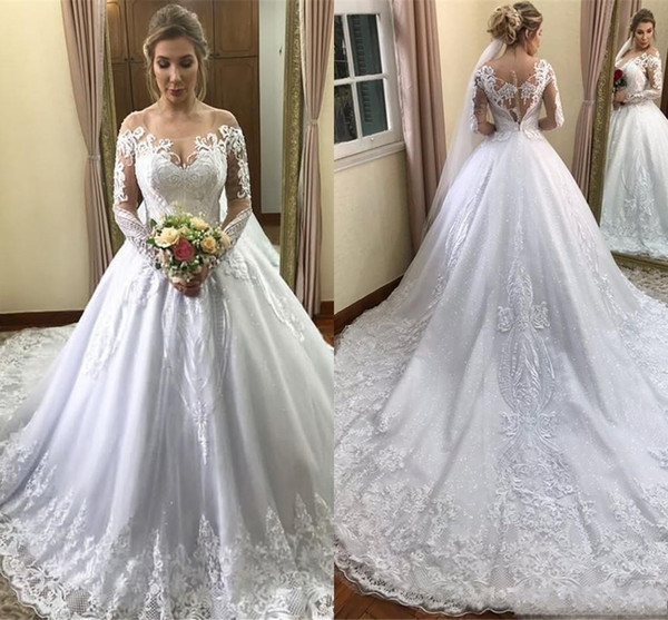 New Arrival Ball Gown Wedding Dresses Arabic Sheer Neck Lace Appliques Long Sleeves Illusion Tulle Open Back Court Train Bridal Gowns