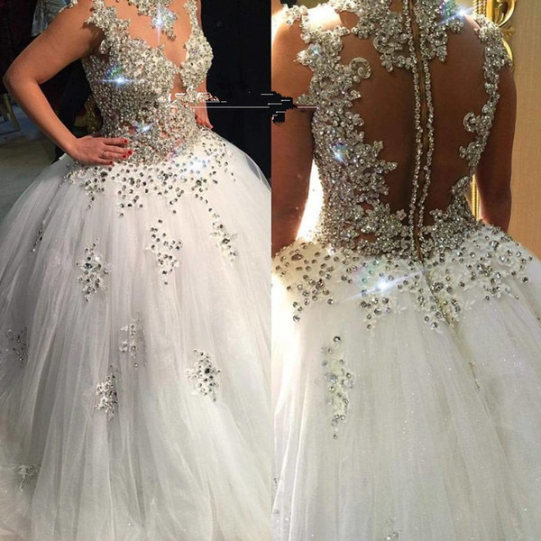 Vestidos De Novia Luxury Beaded Ball Gown Wedding Dresses High Neck Rhinestone Tulle Long Train Lace appliques Bridal Gowns Plus Size