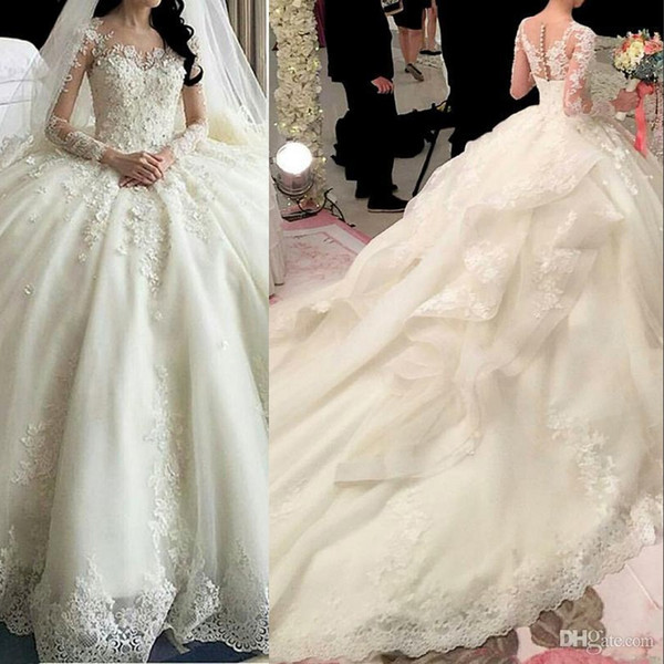 New Luxury Ball Gown Wedding Dresses Sheer Neck Long Sleeves Lace 3D Appliques Flowers Cathedral Train Tiered Ruffle Plus Size Bridal Gowns