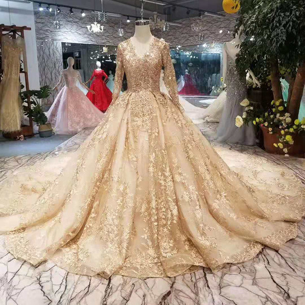 Golden Lace Wedding Dresses 2022Newest Style Champagne V-Neck Long Sleeves Lace Up Back Party Wedding Dress With Shiny Royal Train