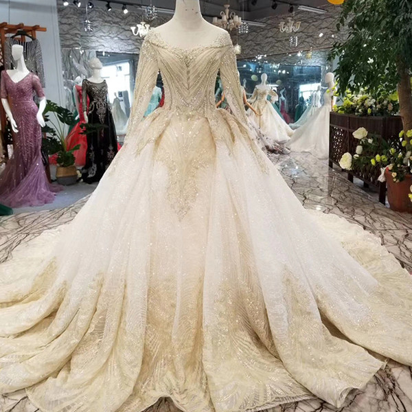 Luxury Dubai Wedding Gowns Glitter O-Neck Long Sleeve Shiny Lace Flowers Wedding Dresses Long Train Latest 2022New Beaded Wedding Gown