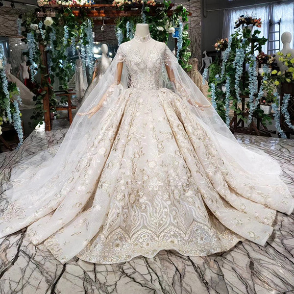 2022Latest Lebanon Wedding Dresses Long Lace Shawl High Neck Illusion Neckline Backless Sequins Applique Cap Sleeve Bridal Gowns Garden