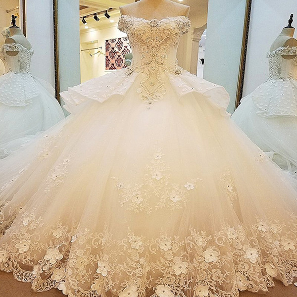 Bridal Gown With Peplum Off The Shoulder V-Neck Beading 3D Flowers Ball Gown Lace Wedding Dress Actual Images