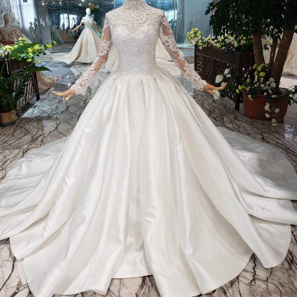 2022Newest Design Lebanon Wedding Dresses High Neck Long Tulle Sleeve Elegant Applique Wedding Gowns Long Train Garden Beaded Bridal Gowns