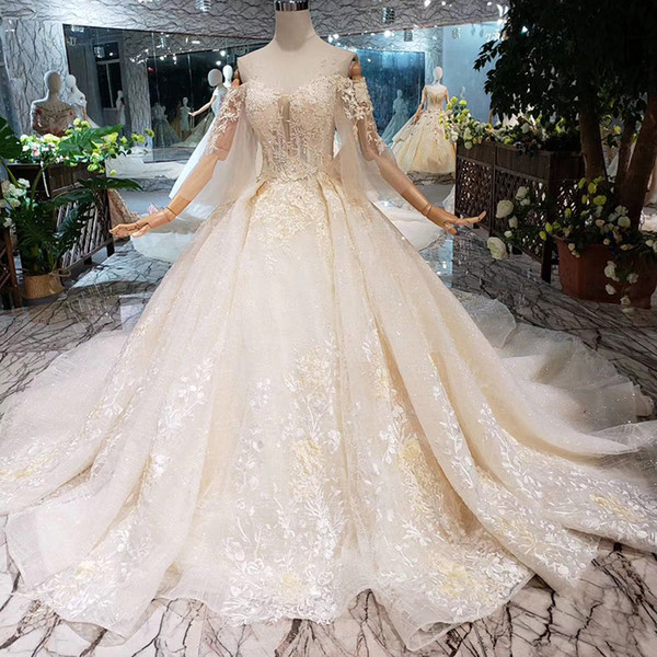 2022Newest Design Lebanon Wedding Dresses Tulle 3/4Long Sleeve Luxury Gold Applique Wedding Gowns Long Train Backless Garden Bridal Gowns