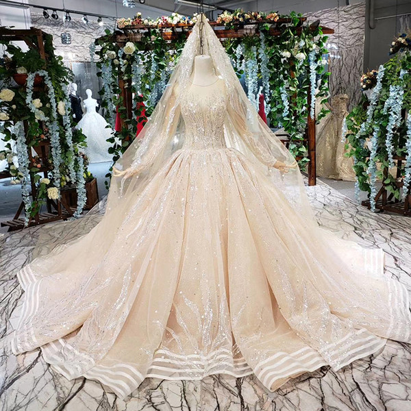 2022Latest Saudi Arabia Wedding Dresses Long Tulle Sleeve Backless Lace Up Back Long Lace Veil Shining Crystal Sequins Bridal Gowns Garden