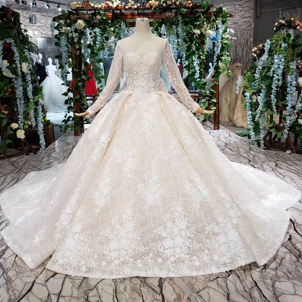 2022Latest Bohemian Wedding Dresses Long Tulle Sleeve Illusion Neck Lace Up Back Sequins Hand Made 3D Flower Applique Bridal Gowns Beach