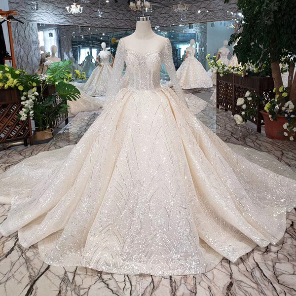 2022Latest Lebanon Wedding Dresses Long Tulle Sleeve Illusion Neck Open Keyhole Lace Up Back Shining Crystal Applique Sequins Bridal Gowns