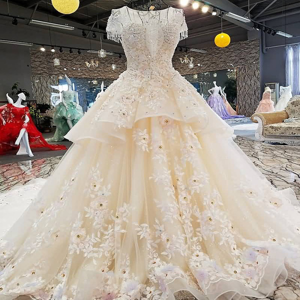 Luxury Shining Princess Wedding Dress Tassel Ivory And Light Champagne Boho Wedding Gown Illusion Back Zipper Beaded Sleeves Gown Croatia