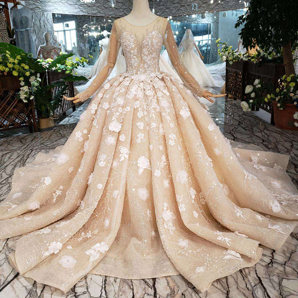 2022Newest Design Lebanon Wedding Dresses Covered Button Illusion Back Long Tulle Sleeve Wedding Gowns Crystal 3D Flowers Bridal Gowns