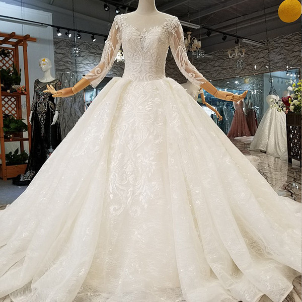 White Elegant Wedding Gowns Can Add Lining For Illusion Muslim O-Neck Tulle Long Sleeve Ball Gown Wedding Dresses Plus Size Can Customize