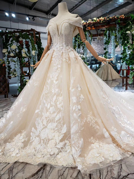 2022Latest Lebanon Wedding Dresses Illusion Sweetheart Neck Short Sleeve Backless Lace Up Back Pearl Hand Made 3D Applique Bridal Gowns