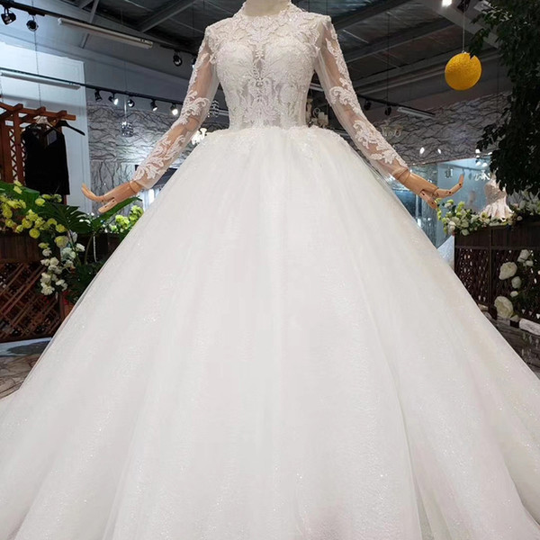 2022Latest Bohemian Wedding Dresses Tulle Long Sleeve Illusion High Neck Lace Up Back Hand Made 3D Applique Pattern Sequins Bridal Gowns