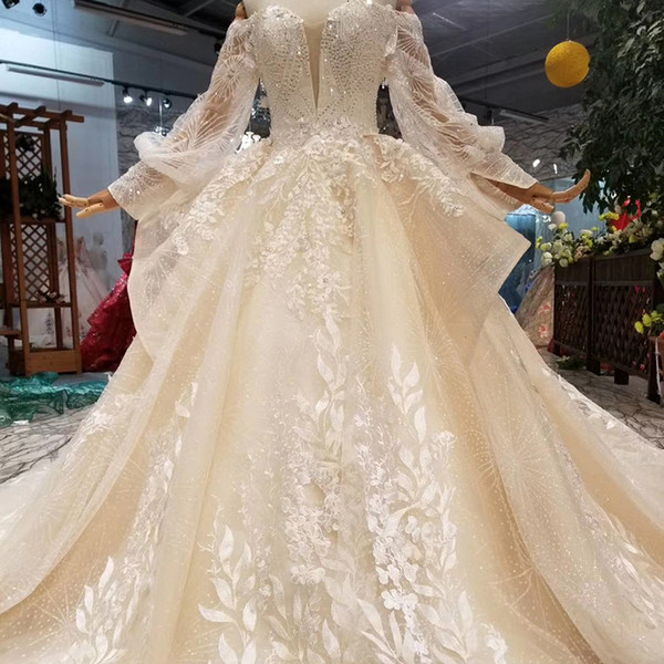 2022Latest Lebanon Wedding Dresses Long Tulle Sleeve Backless Lace Up Back Ruffles Beaded Sequins Illusion V Neck Applique Wedding Gowns
