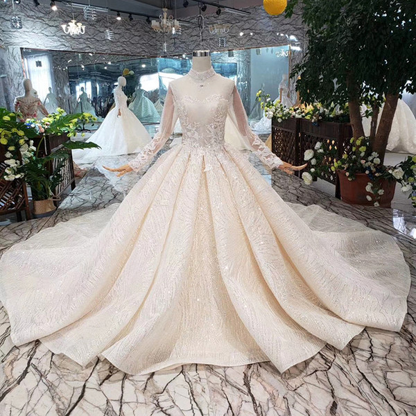 2022Lebanon Long Tulle Sleeve Wedding Dresses Pearls Collar Illusion Neckline Exquisite Applique Lace Up Back Country Garden Bridal Gowns