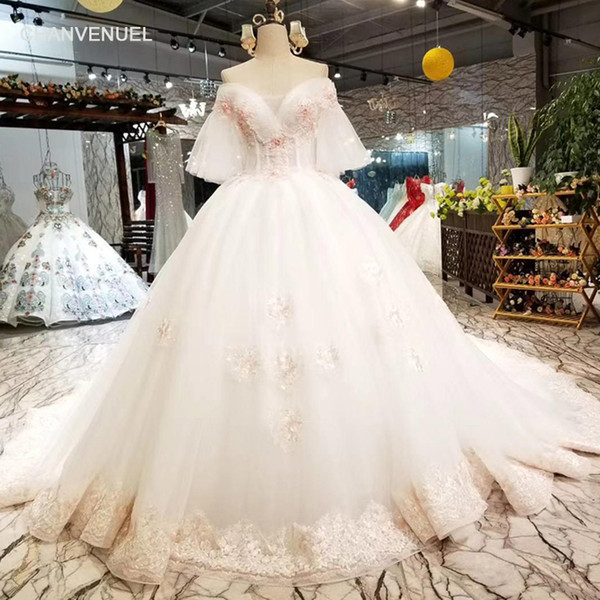 2022Latest Lebanon Half Sleeve Wedding Dresses Illusion Sweetheart Neck Lace Up Back Pink 3D Floral Applique Pearl Garden Wedding Gowns