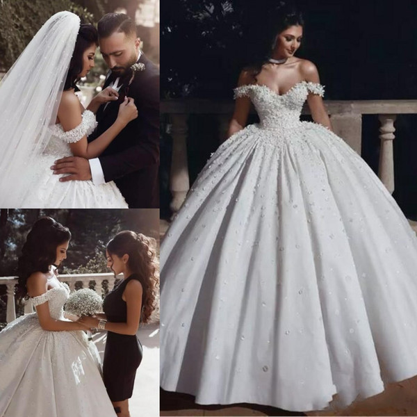 vestido de novia New Arabic Ball Gown Wedding Dresses Off Shoulder Floor Length Flowers Beads Church Garden Bridal Gowns Plus Size