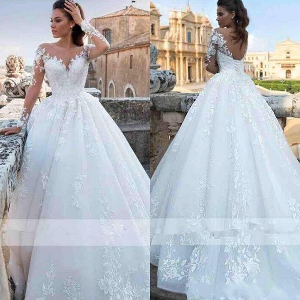 Vestidos Wedding Dresses Modest Sheer Long Sleeve Appliques Ball Gown Bride Wedding Gowns With Lace-up Back BC1693