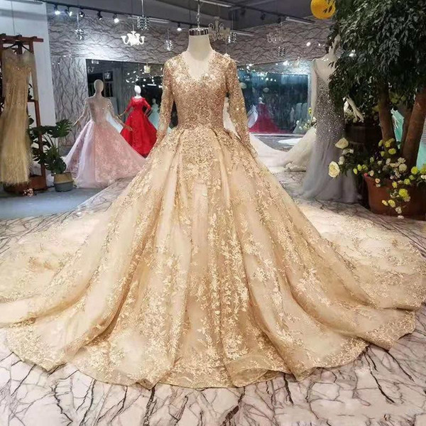 Stunning Gold Ball Gown Wedding Dresses Long Sleeve Lace Appliques V Neck Bridal Gown vestido de novia