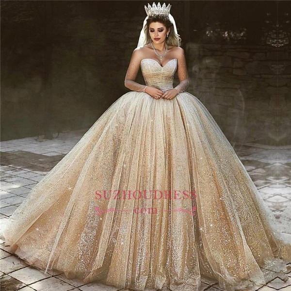 Gorgeous Luxury Gold Ball Gown Wedding Dresses Sheer Long Sleeves Sequins Sweep Train Arabic Quinceanera Pageant Gowns BC0953