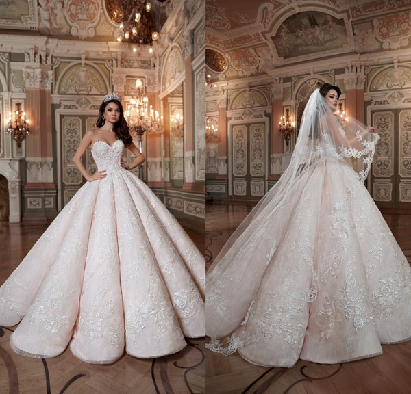 Blush Pink Queen Wedding Dresses Sweetheart Hard Satin Floor Length Lace Ball Gown Custom Made Quinceanera Gowns