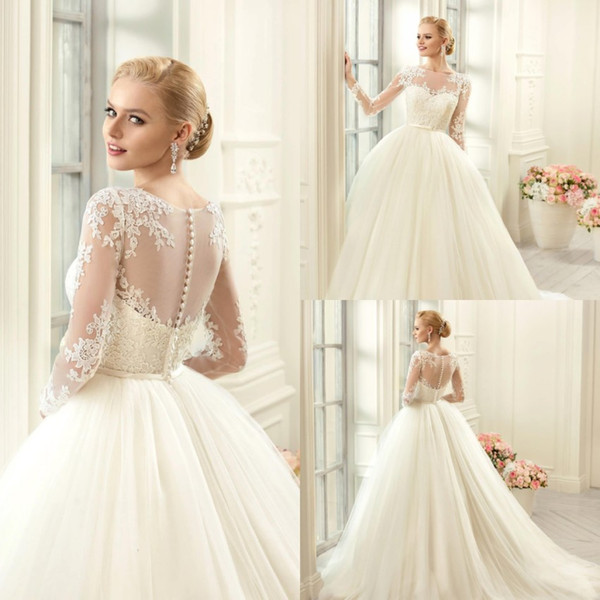 Vestidos Simple Tulle Ball Gown Wedding Dresses Modest Sheer Long Sleeves Applique Bridal Gowns Button Covered Back