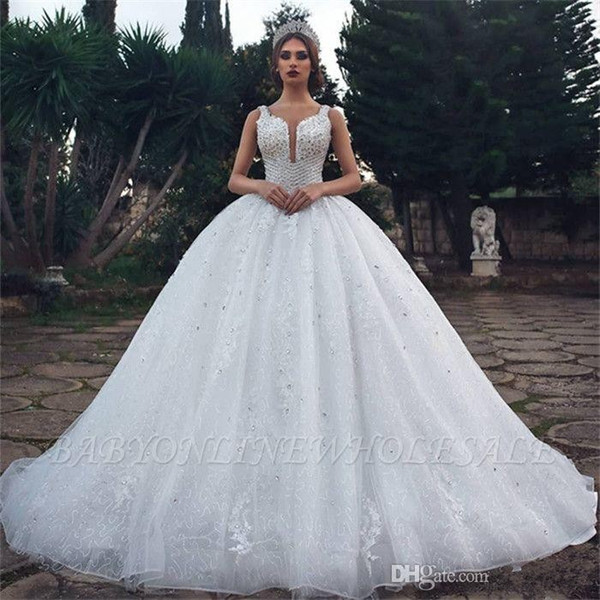 Stunning Princess Ball Gown Arabic Wedding Dresses Saudi Dubai White Appliques Beads Puffy Ruched Skirt Long Bridal Gowns Plus Size