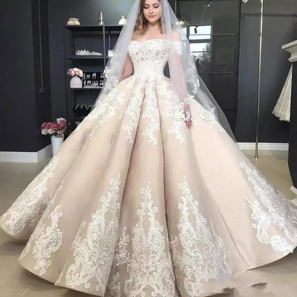 Champagne Off Shoulder Ball Gown Wedding Dresses with Lace Appliques Bridal Gown vestido de novia BC1138