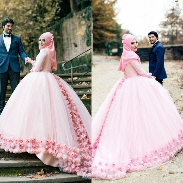 Cinderella Pink Ball Gown Muslim Wedding Dresses High Neck Long Sleeves Tulle Flowers Lace Back Bandage Muslim Bridal Dresses