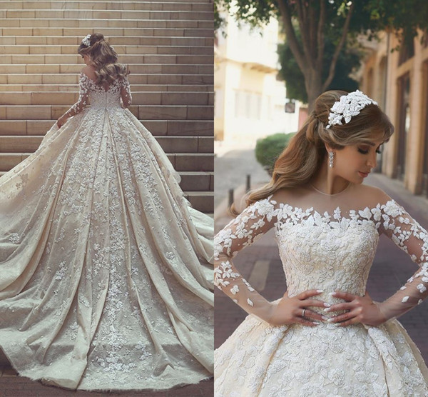 New Gorgeous Sheer Neck Lace Wedding Dresses Long train Long Sleeves Crystals Ruffles Appliques Tulle Wedding Dresses BA6989