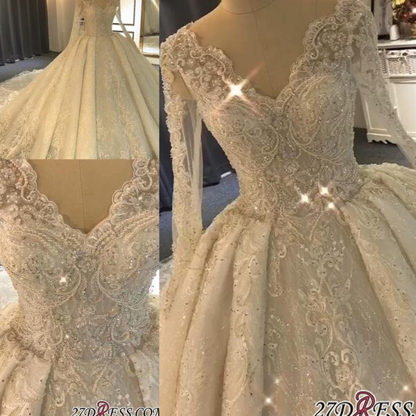 Luxurious Long Sleeve Lace Puffy Princess Wedding Dresses 2019 Real Photos Ball Gown Lace Crystal Bridal Gowns Engagement Gowns Plus Size