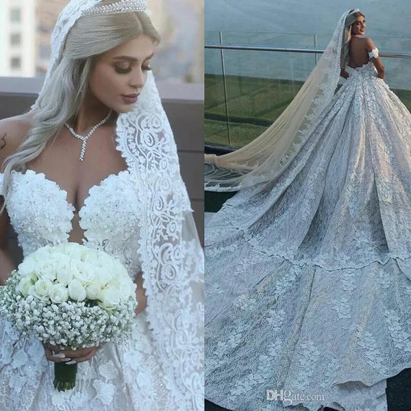 Luxury Wedding Dresses Off The Shoulder Lace Appliques Pearls Long Train Arabic Wedding Gowns Back A Line Plus Size Luxury Bridal Dress