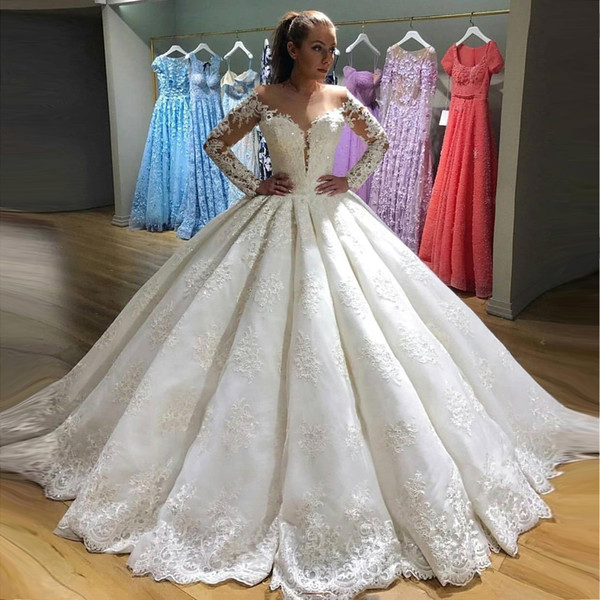 Luxury Sheer Jewel Neck Ball Gown Wedding Dresses Vintage Long Sleeves Lace Applique Ruched Puffy Skirt Bridal Wedding Gowns BC0811