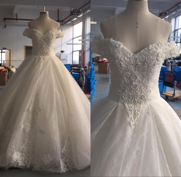 Real Photos Lace-up Back Ball Gown Wedding Dresses Off Shoulder Lace Appliques Pearls Beaded Bridal Gown vestido de novia BC1810