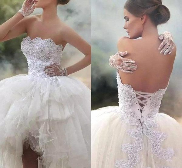 Tiered Ruffle Ball Gown Wedding Gowns High Low Strapless Lace-Up Back Appliqued Ruched Custom Made Bridal Gowns BC1132