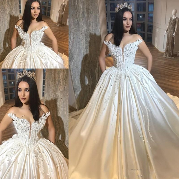 Luxury Satin Puffy Wedding Dresses Lace Appliques Beaded A Line Bridal Gowns Saudi Arabia Ball Gown Sweep Train Wedding Vestidos