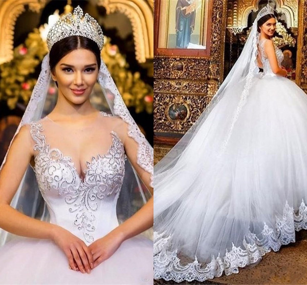 Ball Gown Wedding Dresses Sheer Neckline Lace Applique Beads Crystal Sweetheart Hollow Back Court Back Plus Size Formal Bridal Gowns