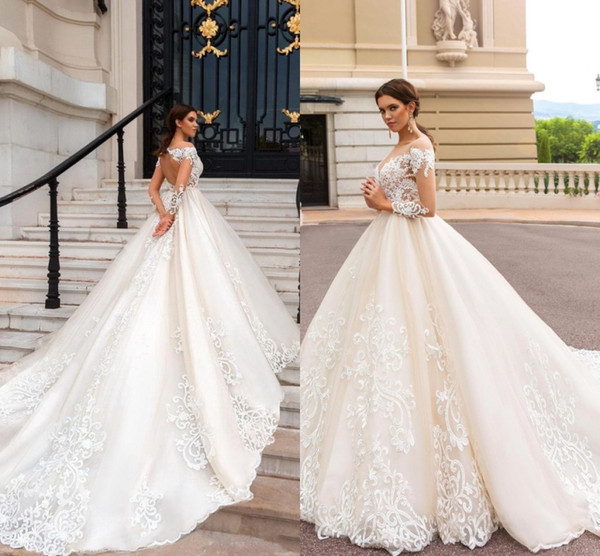 Long Sleeves Ball Gowns Wedding Dresses Modest Sheer Neckline Lace Appliques Bridal Gown Court Train Robe Mariage BA5462