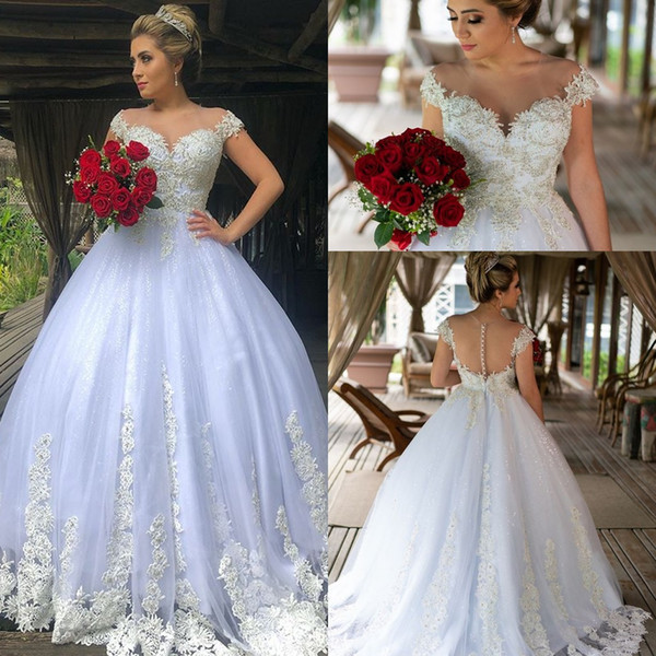 Modest Short Sleeves Ball Gown Wedding Dresses Covered Buttons Sequin Applique Lace Plus Size Wedding Bridal Gowns