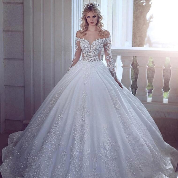 Romantic Elegant White Satin Wedding Dresses New Illusion Bodices Sheer Long Sleeves Lace Beaded Country Bridal Gowns BC1106