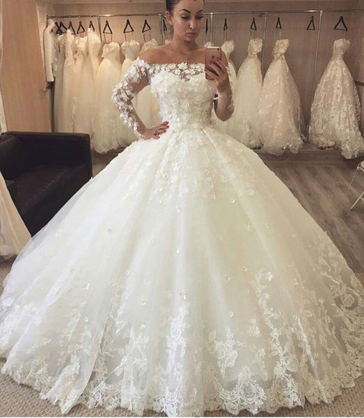 Stunning Lace Ball Gown Wedding Dresses 3D Flora Appliques Sheer Long Sleeves Off Shoulder Bridal Gowns BA9224