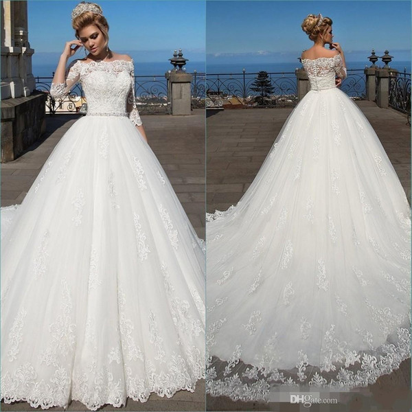 Vintage Bateau Ball Gown Wedding Dresses Lace Appliques 3 4 Long Sleeve Sheer Cheap Sexy A-Line Plus Size Wedding Bridal Dress DTJ