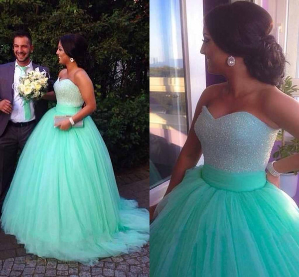 Mint Green Full Beaded Crystal Ball Gown Wedding Dresses With Sweetheart Neckline Sweep Train Tulle Party Gowns